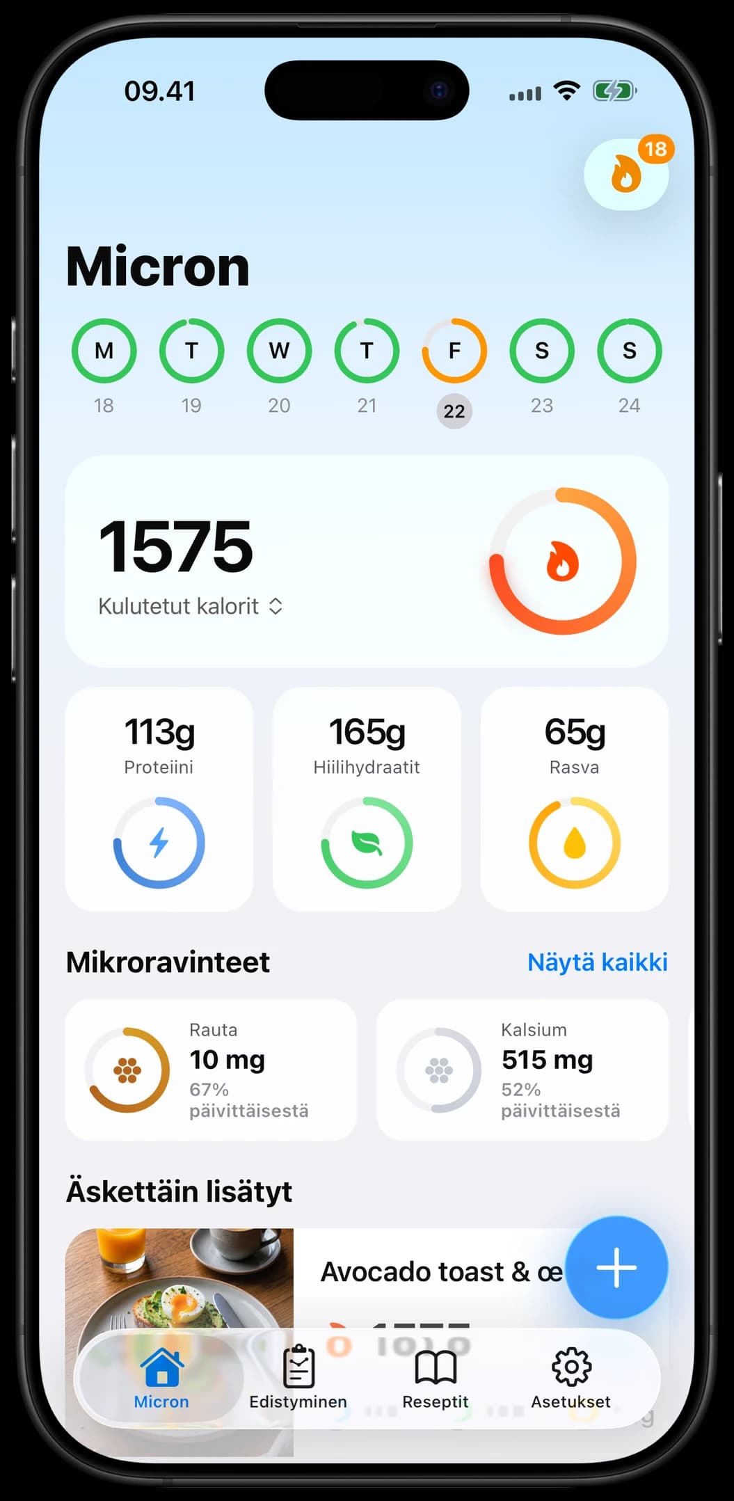 Micron-sovelluksen etusivu päivittäisen seurannan yhteenvedolla