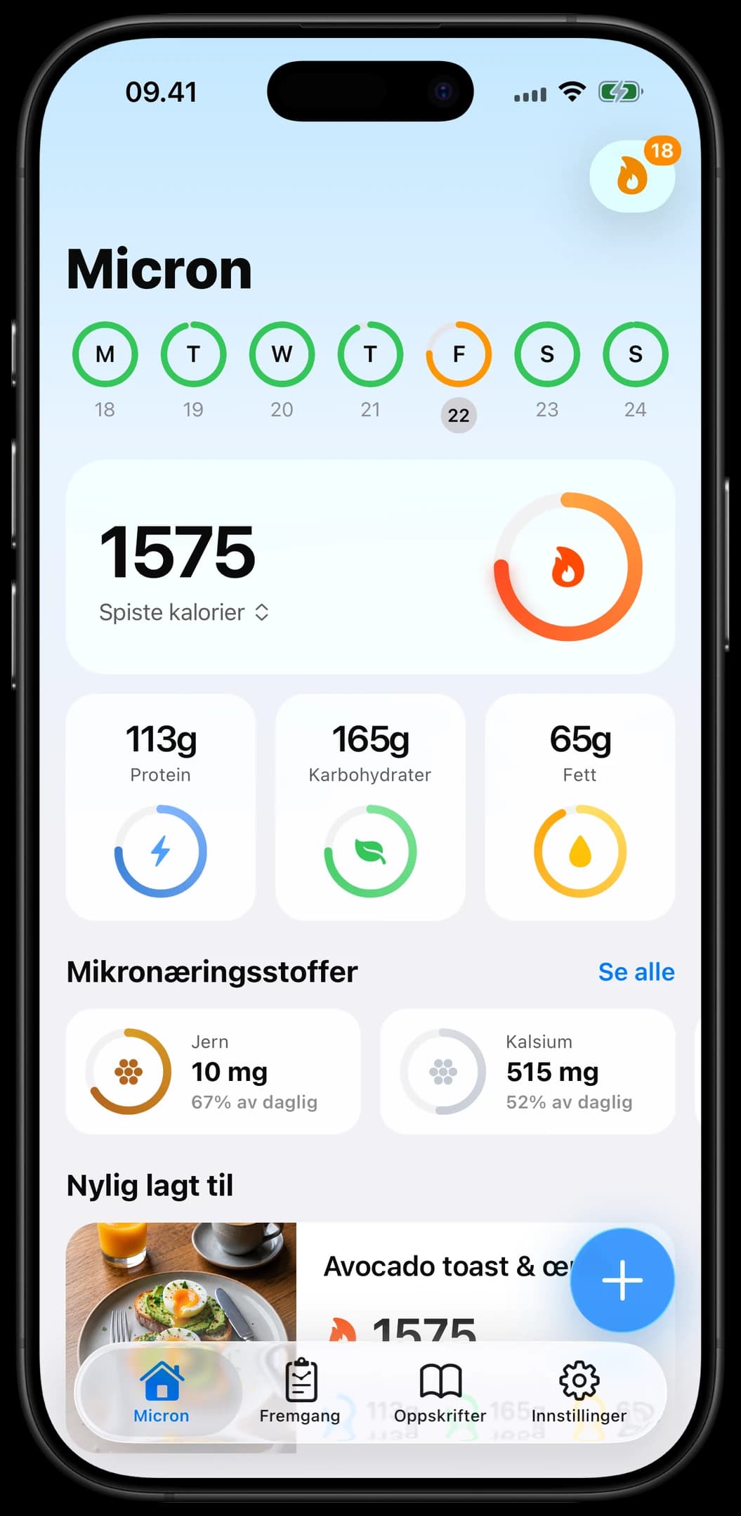 Micron-startskjerm med dagsoversikt over inntak