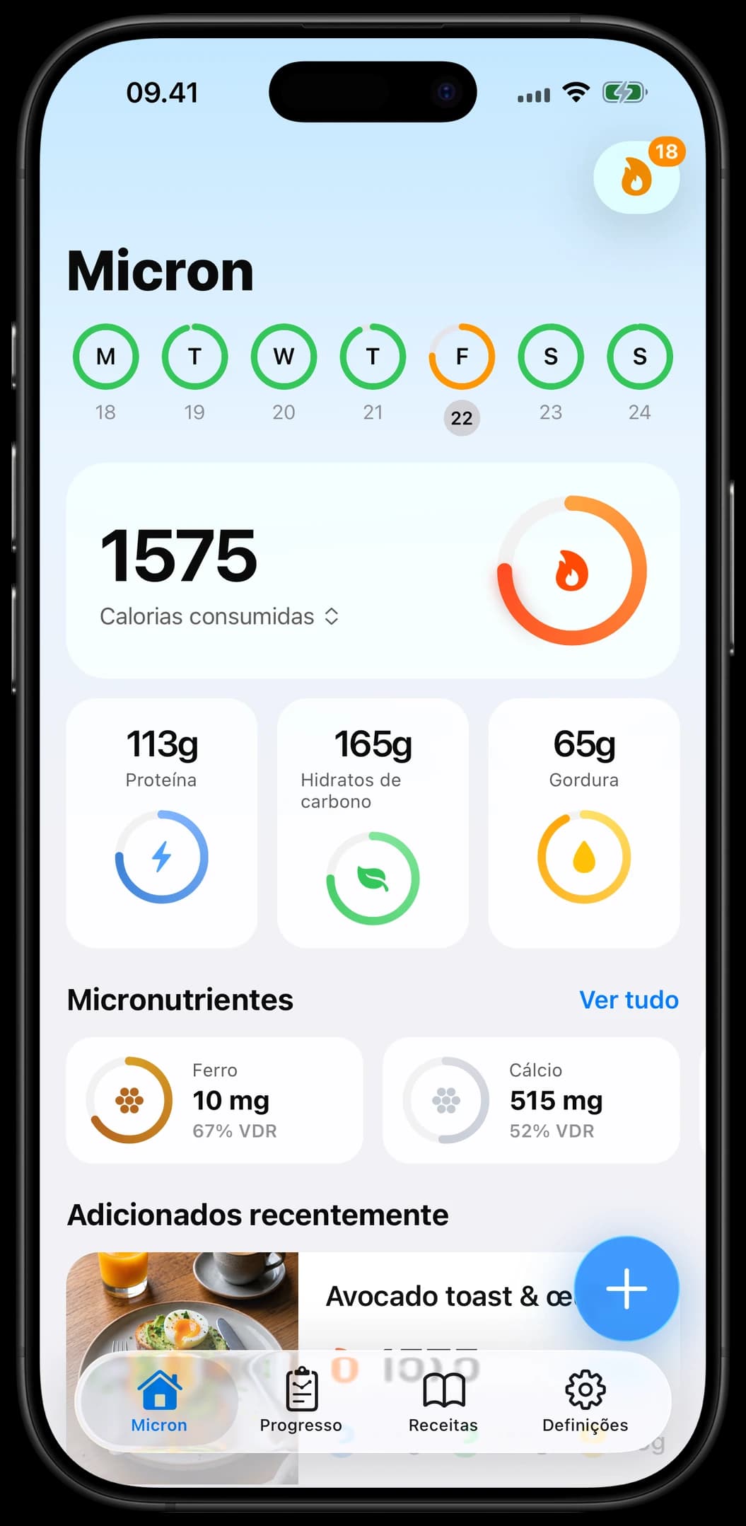 Ecrã inicial da app Micron com a visão geral do dia