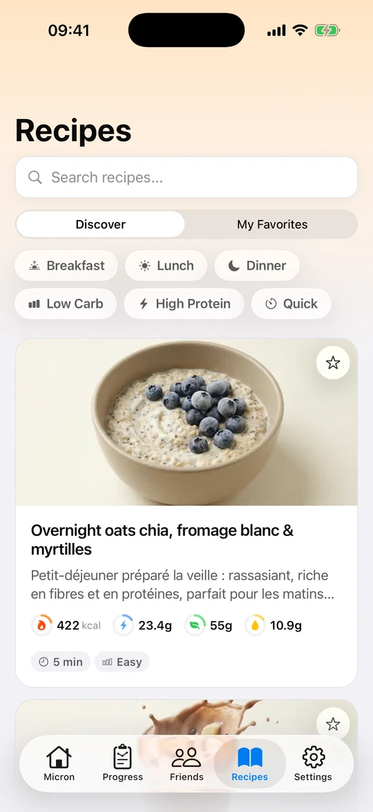 De Micron-app, scherm ‘Recepten, ook die van jou’