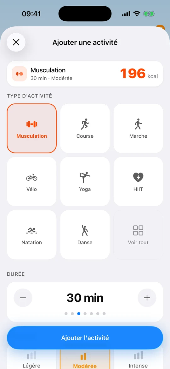 L'app Micron, écran « 42 activités physiques »