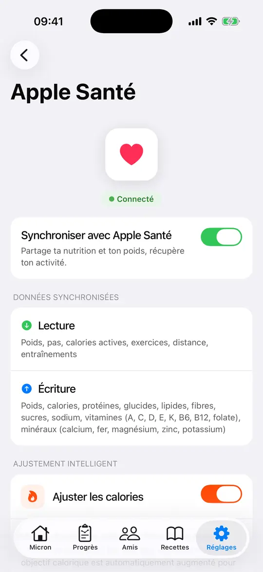 L'app Micron, écran « Apple Santé, dans les deux sens »