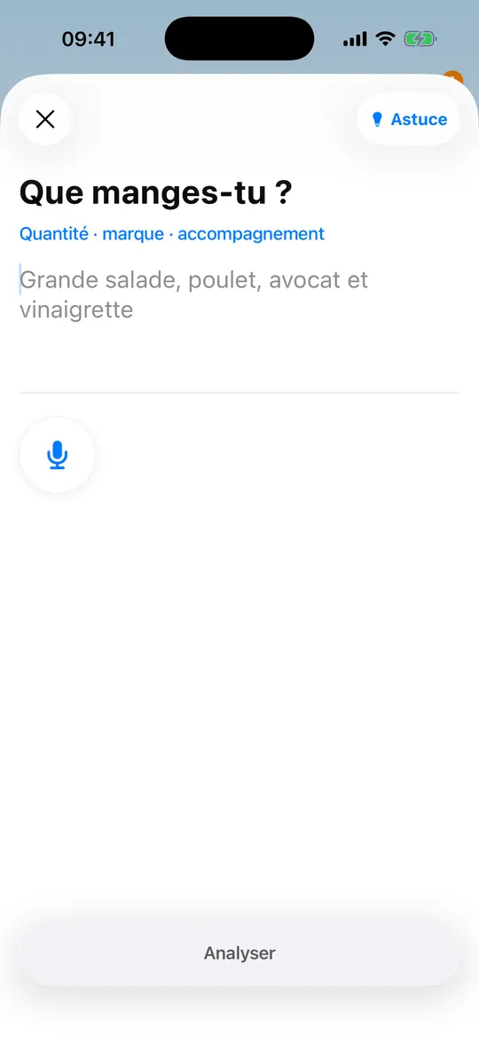 L'app Micron, écran « Dictez votre repas »