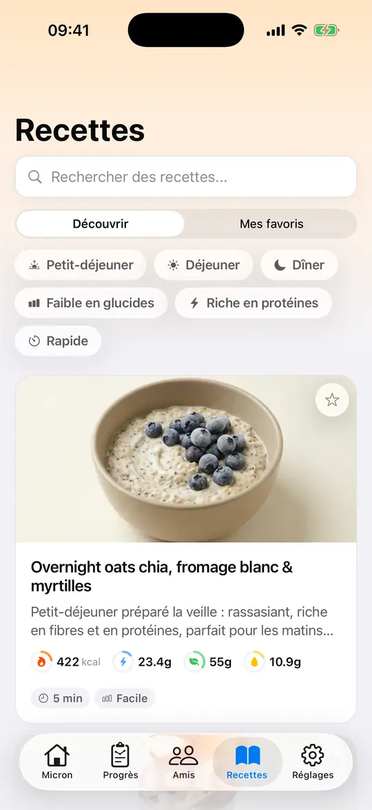 L'app Micron, écran « Des recettes, dont les vôtres »